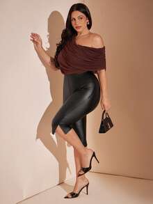 SHEIN BAE CURVE 大尺碼女款 PU 皮革緊身褲 - 黑色 - 查看 6