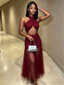 BamGleam Women's Ultra Long Floor-Length Halter Neck Mesh Ruched Backless Dress - Burgundy - View 3