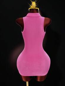 BamGleam Hot Girl Style Bright Pink Sleeveless Halter Neck Dress, Lapel Single Breasted Pleated Slim Fit Bodycon Mini Dress - Pink - View 2