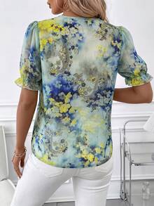 SHEIN Clasi 女款夏季粉色雪紡印花荷葉邊襯衫，浪漫優雅度假通勤街頭百搭上衣 - 藍色 - 查看 2