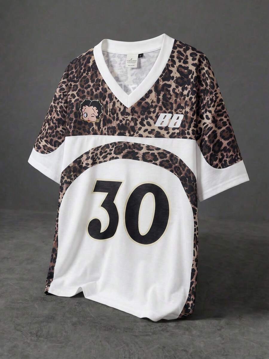 Betty Boop x SHEIN Men's Summer Casual Leopard Print Patchwork T-Shirt - White - View 1