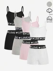 8pcs/Set Girls Heart Print Elastic Waist Comfortable Camisole & Shorts Underwear Set - Multicolor - View 1
