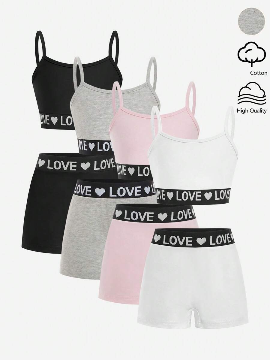 8pcs/Set Girls Heart Print Elastic Waist Comfortable Camisole & Shorts Underwear Set - Multicolor - View 1