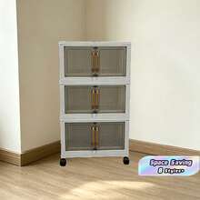 Plastic Folding Storage Cabinet, Multi-Layer Double Door Storage Organizer For Living Room, Toys, Lightweight Luxury Design, Multi-Purpose, Classified Storage, Heavy Duty, Casters, Folding Design, Easy Assembly, Suitable For Various Home Scenes - Multicolor - View 1