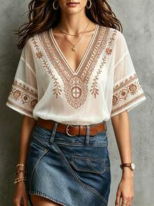 SHEIN Fiorisel Top semi-transparent à manches courtes avec imprimé motif pour femmes - Nude - Voir 5