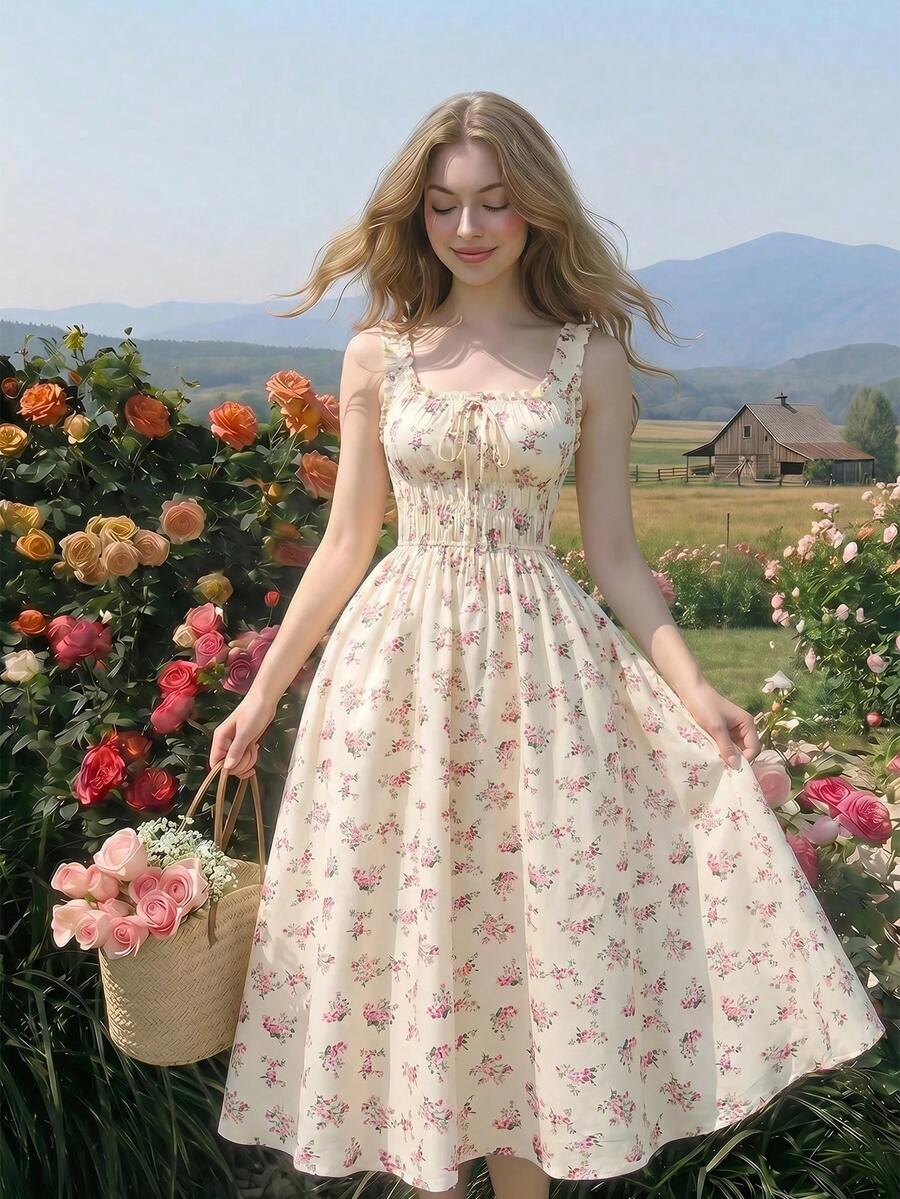 SHEIN MOD Women's Floral Print Tie-Up Ruched Elegant Vacation Dress - Light Yellow - View 1