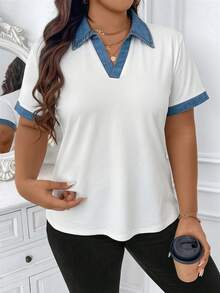 Elenzga 大尺碼休閒拼接滾邊短袖T恤女款圖案上衣 - 藍色 - 查看 3