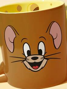TOM & JERRY X SHEIN 卡通貓鼠陶瓷馬克杯，13.53oz/400ml 創意咖啡杯，內壁印有起司圖案，適合粉絲、居家、辦公室及送禮 - 暖棕色 - 查看 7