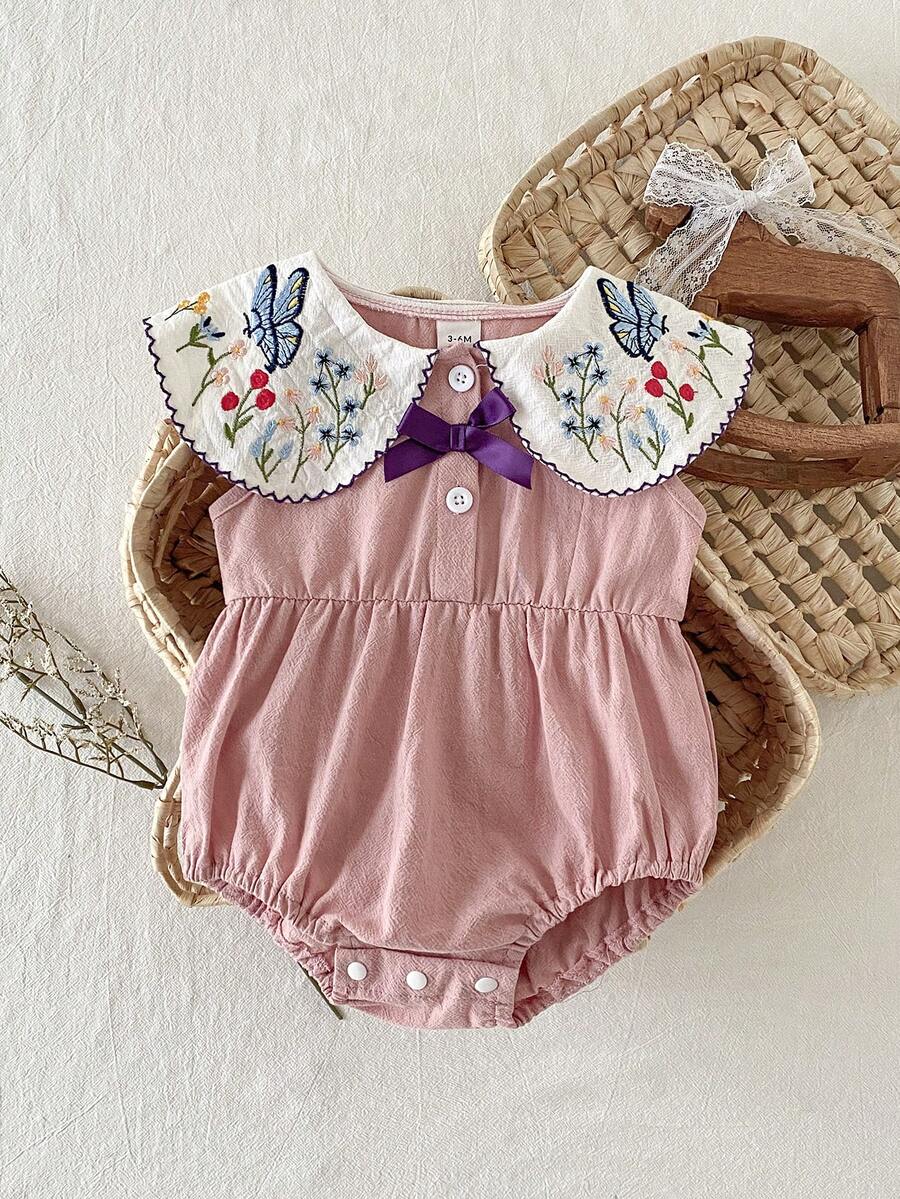 SHEIN 女嬰田園風大領花卉刺繡前開扣彈性腰無袖連身褲 夏季 - 粉色 - 查看 1