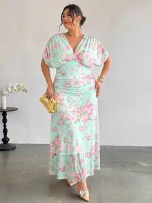 Firerie 大尺碼女款春夏 Ninang 優雅婚禮晚宴網紗抓皺短袖 V 領鬆緊腰喇叭長洋裝 薄荷綠 - 彩色 - 查看 8