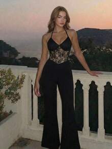 Skyraze 女士黑色蕾丝拼接露背吊带连体裤 - 黑色 - 查看 3