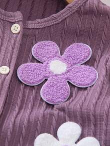 SHEIN Elladie kids 女童柔軟紋理麻花針織開襟衫，可愛優雅甜美公主風，百搭時尚外套，適合春、夏、秋季，日常穿著、聚會、派對、外出、上學 - 紫色 - 查看 4
