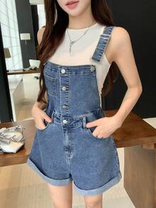 DAZY Quần yếm short denim nữ mùa hè ống rộng, gấu xắn, mài rách, màu xanh wash, phong cách Y2K - Màu xanh lam - Xem 4