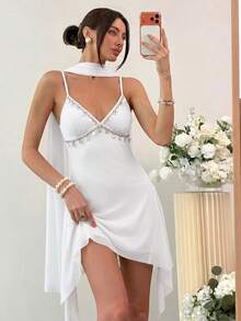 Aloruh Women's Vacation Shell Trim Spaghetti Strap Mini Dress - White - View 6