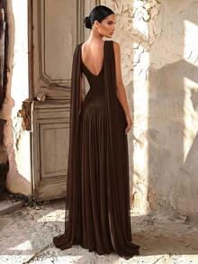 Aureia Elegant Brown Summer Wine Red Glossy Mesh V-Neck Ruched Super Flared A-Line Skirt (Detachable Halter Chiffon Flounce) Formal Evening Wedding Dress - Coffee Brown - View 4