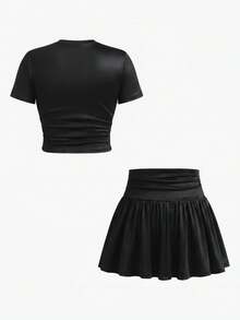 SHEIN 青少年女孩 2件組夏季可愛休閒黑色碎花裙套裝 - 黑色 - 查看 2