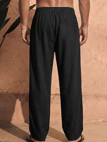 HIMLAND Men's Black Wide Leg Pants With Gold Button And Wrap Strap Waist. Loose Straight Fit, VACATION, . Fashion Style For Summer - Black - View 2