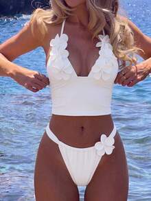 Swim Chiccia Women's Fashion Beachwear, Deep V-Neckline Slimming Tummy Control Design, 3D Floral Accessory Decoration, Halter Neck Sweet Girly Style, Daily Party, Casual Vacation Fresh Two Pieces Swimsuit Set - White - View 1