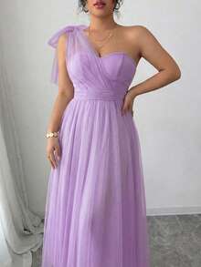 Elenzga Damen-Maxikleid in großen Größen für Frühling/Sommer, zarter Feenstil in Mintgrün mit Quasten und Mesh, schulterfrei mit geraffter Taille, schlankmachend und ausgestellt, geeignet für Hochzeit als Brautjungfer, Gartenparty, Valentinstag-Outfit und Reisefotografie, leichtes und fließendes Mesh-Material, Schleifendekoration für lebendigen und zauberhaften Charme - Violett - Übersicht 6