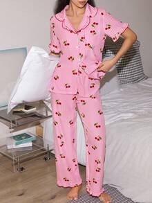 Lowkey Lull Cherry Print Lapel Collar Short Sleeve Pajama Set For Women - Multicolor - View 1