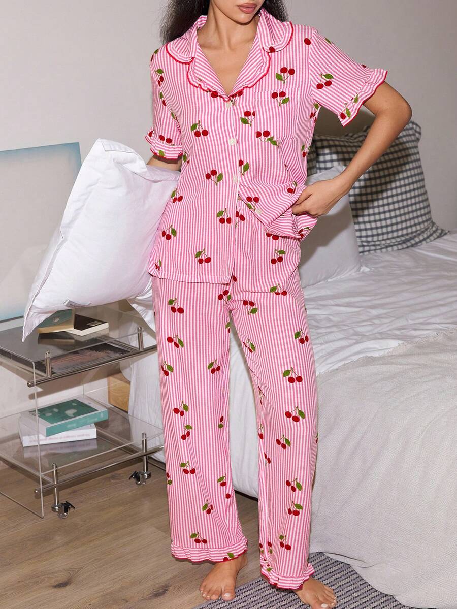 Lowkey Lull Cherry Print Lapel Collar Short Sleeve Pajama Set For Women - Multicolor - View 1