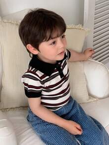 DAZY Infant/Toddler (Boy) Polo Collar Striped Short Sleeve Spring/Summer Knit Top - Black and White - View 7