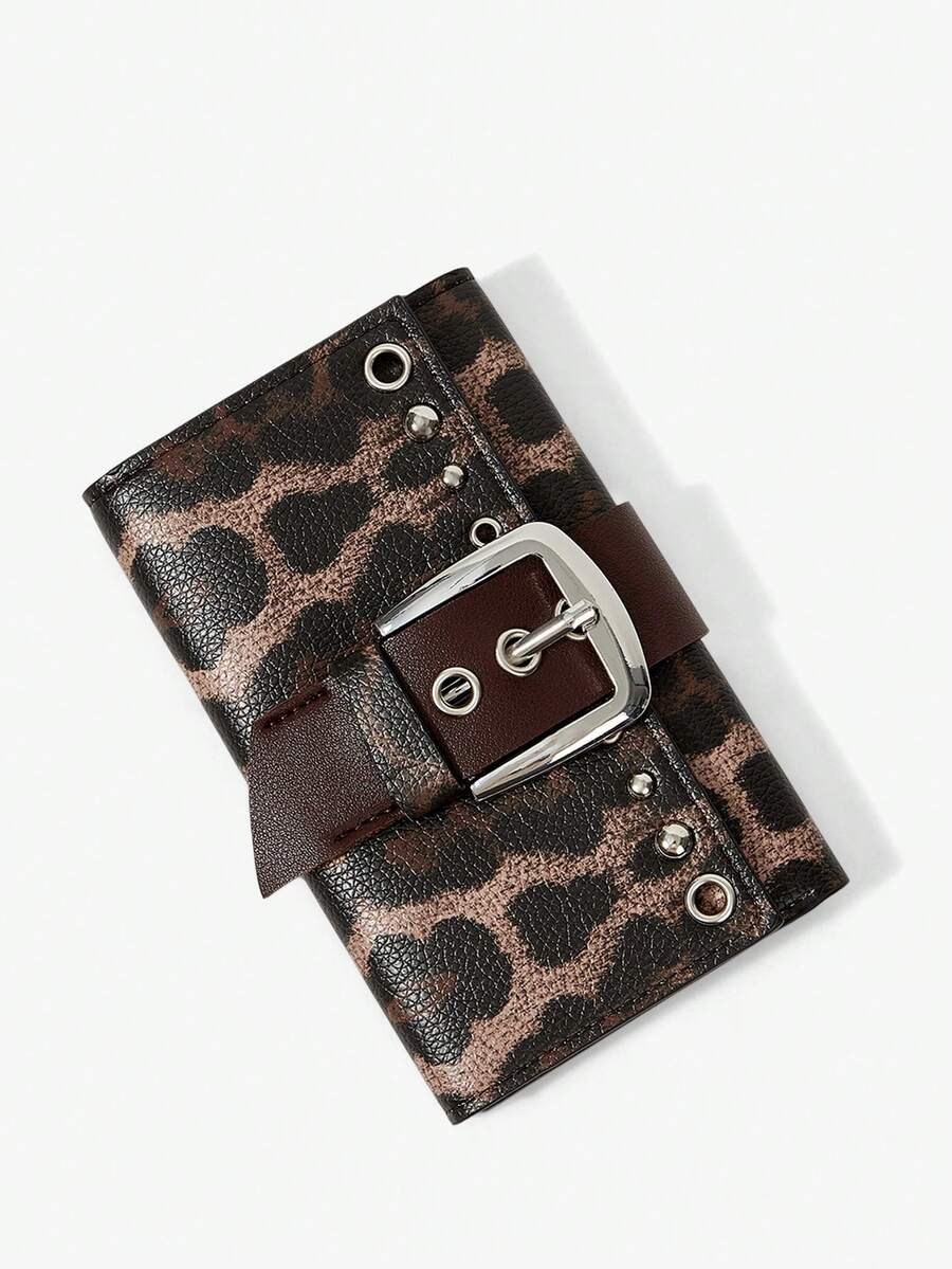 Viva Strut Leopard Print Y2K Punk Short Three-Fold Wallet, Retro Rivet Buckle Belt Shape, Unisex Metal Street Style, Avant-Garde Retro Fashion Card Bag. - Coffee Brown - View 1