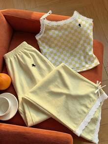 SHEIN EZwear 女士休闲黄色蕾丝边吊带背心和条纹裤两件套，返校季米黄色两件套 - 淡黃色 - 查看 3