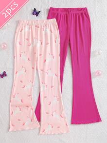 Girls' 2 Pieces Knit Slim Fit All-Match Casual Versatile Spring/Summer Unicorn Print Rose Red Leggings, Wearable All Year Round - Multicolor - View 2