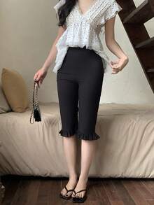 DAZY Women's Solid Color Casual Ruffle Hem Capris Summer - Black - View 6