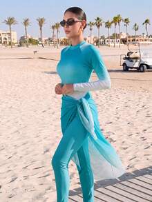 Veilorie Burkini vải phối màu gradient nữ cho đi biển nghỉ dưỡng - Màu xanh lam - Xem 4