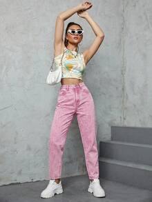 SHEIN ICON 女款高腰口袋休閒百搭牛仔媽媽牛仔褲 - 西瓜粉 - 查看 6