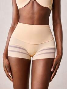 Veilyse 1pc Women High Waist Shaping Panties, Striped Lifting Mesh Waist Slimming Pants, Abdomen Control Flat Belly Shapewear Shorts - Apricot - View 3
