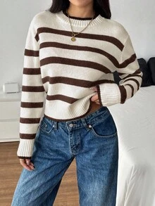 SHEIN PETITE 女款立領黑白條紋長袖極簡毛衣，休閒日常穿著，小碼版型，適合秋冬 - 棕色 - 查看 1