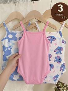Mono casual con tirantes finos y estampado de dibujos animados para niña bebé, adecuado para primavera y verano - Blanco - Ver 2