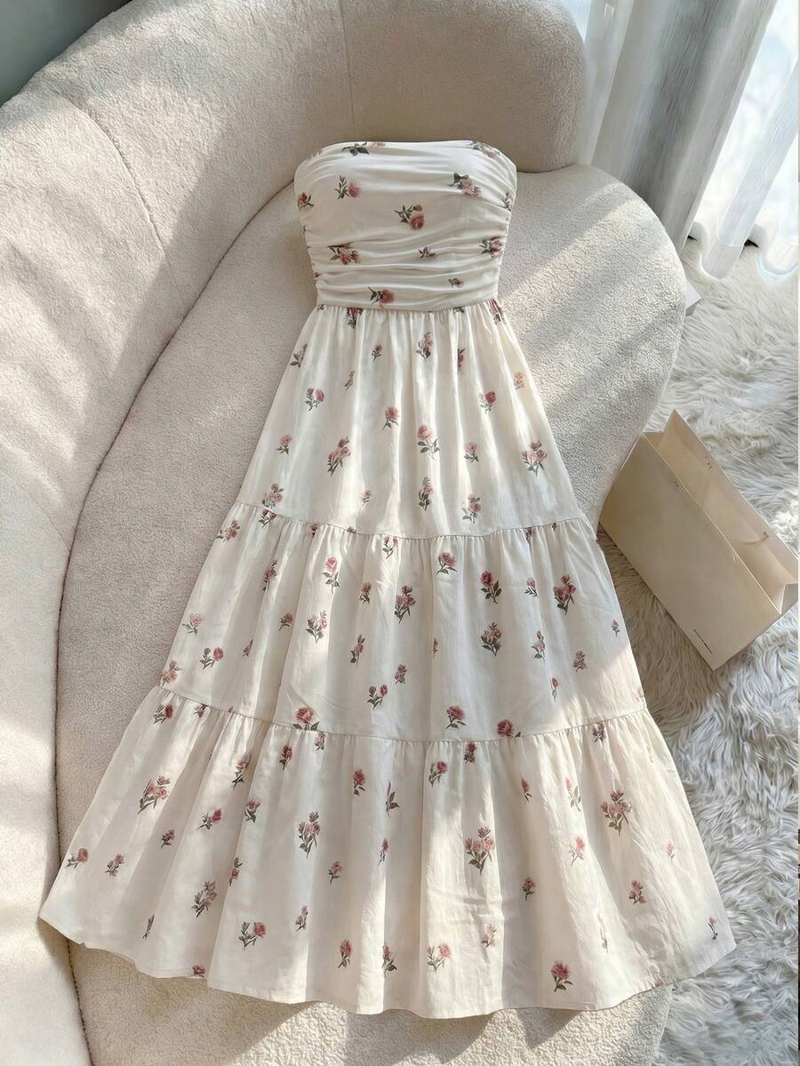 SHEIN Franclia 女款時尚優雅鄉村風浪漫日常早午餐度假無袖百褶碎花長洋裝 粉色與白色 夏季 - 彩色 - 查看 1