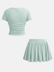SHEIN Girlism 兒童青少年女孩夏季修身 T 恤與裙子 2 件套，新款綠色純色短袖 T 恤與防走光裙子套裝，女孩百搭日常通勤套裝，適合日常穿著、優雅派對、約會、家庭聚會、畢業典禮、度假 - 薄荷綠 - 查看 2