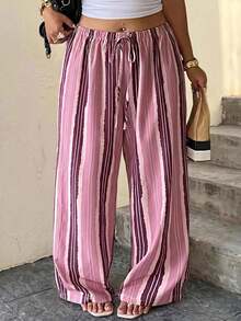 Muchica Plus Size Striped Print Twist Front Wide Leg Pants For Women Fall - Pink - View 4