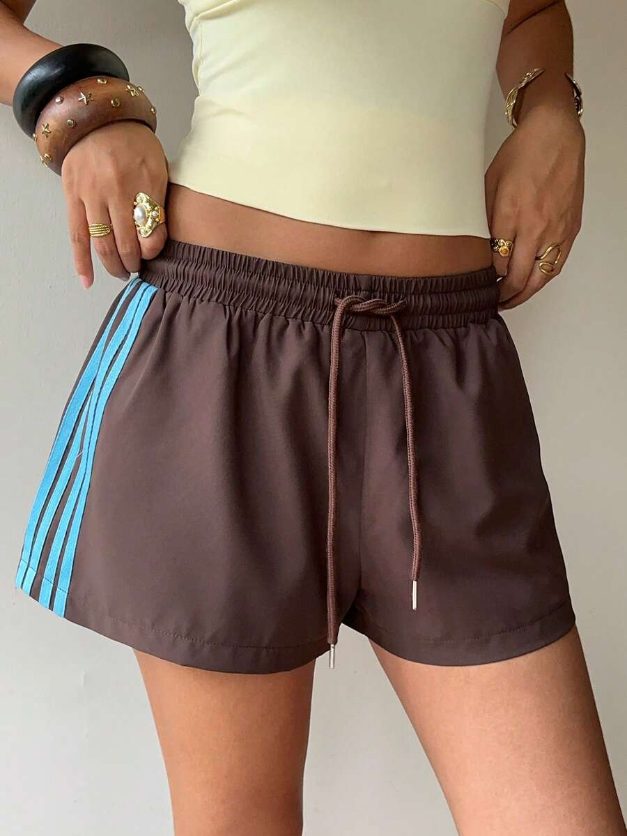 Aloruh Women's Low Waist Sports Active Athleisure Casual Contrast Trim Loose Shorts Gym Brown And Blue Stripe Summer Workout - Coffee Brown - View 1