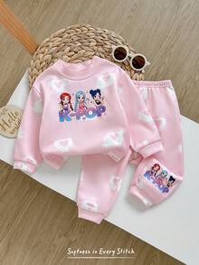 Cozy Pixies Conjunto de 2 piezas de sudadera para niña bebé con estampado de corazón rosa suave, nuevo para otoño/invierno, estilo formal casual versátil para uso diario y salidas, adecuado para cualquier ocasión, conjunto para hermanas, a juego con padres, lindo conjunto para niñas - Rosa - Ver 1