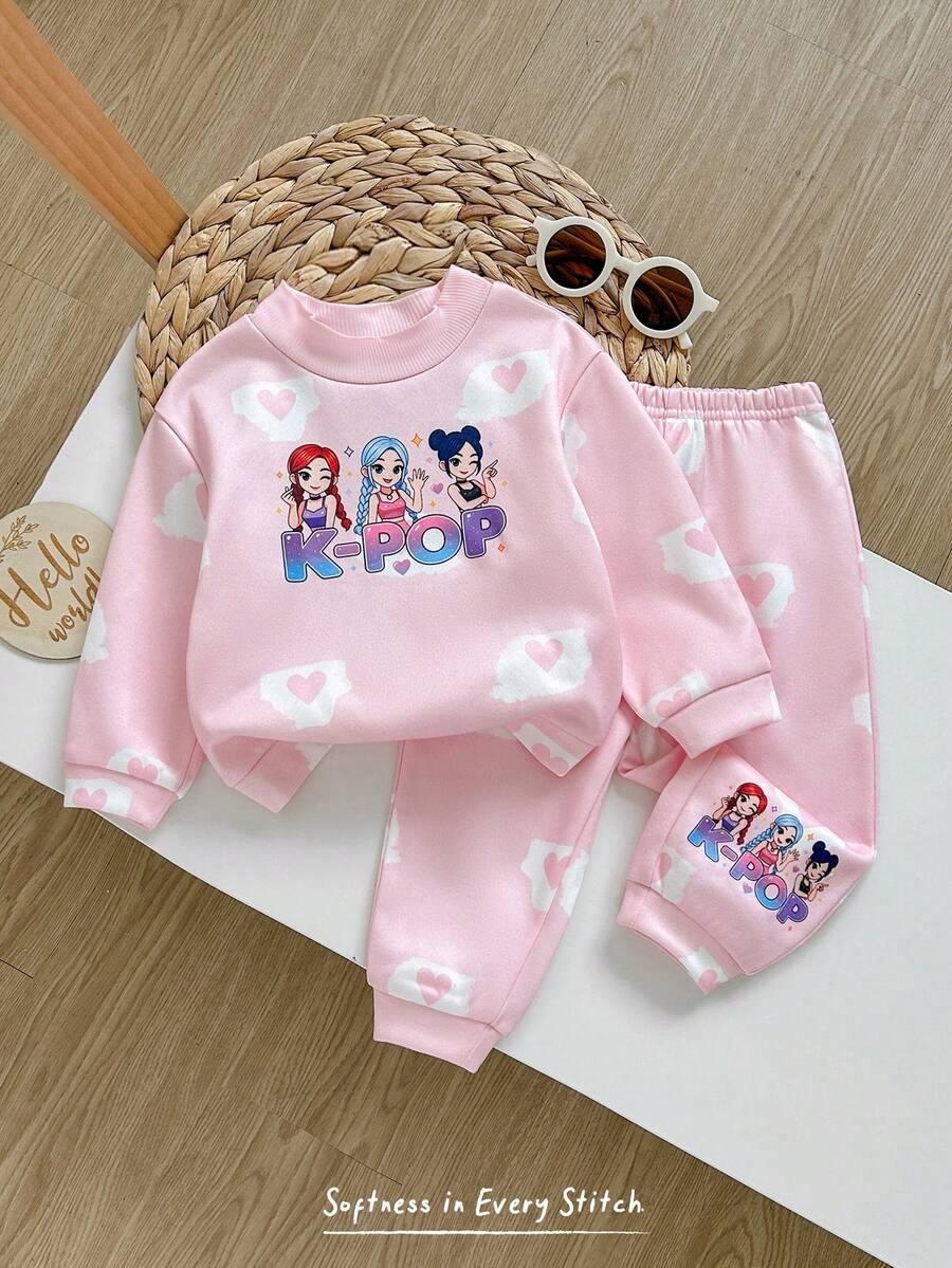 Cozy Pixies Conjunto de 2 piezas de sudadera para niña bebé con estampado de corazón rosa suave, nuevo para otoño/invierno, estilo formal casual versátil para uso diario y salidas, adecuado para cualquier ocasión, conjunto para hermanas, a juego con padres, lindo conjunto para niñas - Rosa - Ver 1
