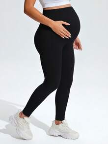 SHEIN Maternity Solid Color Casual Versatile Daily Wear Sports Long Pants - Black - View 7