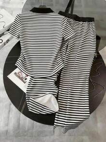Resyla Striped Digital Print Fashionable Minimalist Women's Polo Collar T-Shirt + Pants Set, Gift For Friends - Multicolor - View 2