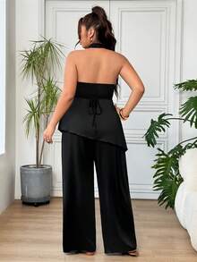 SHEIN EZwear 黑色休閒女款大尺碼垂領掛脖背心上衣與長褲套裝 - 杏色 - 查看 2