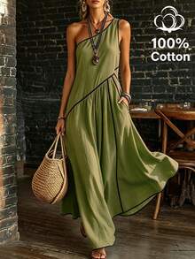 SHEIN Holidaya Women's Summer Pure Cotton Slouchy Linen-Like Asymmetric Shoulder Elegant Loose Contrast Trim Long Dress, Gentle Style, Vacation Style, Fresh Versatile, Youthful, Pastoral Style, Home Wear - Green - View 2