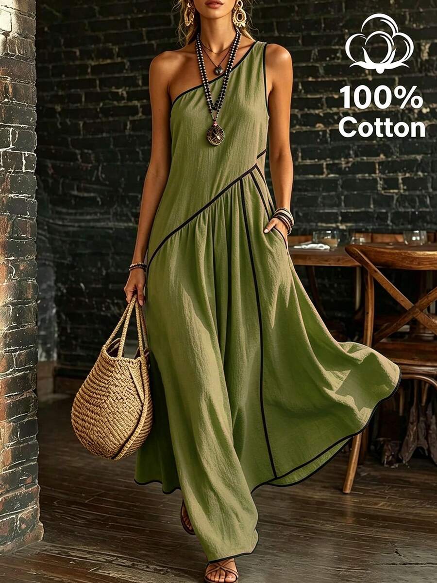 SHEIN Holidaya Women's Summer Pure Cotton Slouchy Linen-Like Asymmetric Shoulder Elegant Loose Contrast Trim Long Dress, Gentle Style, Vacation Style, Fresh Versatile, Youthful, Pastoral Style, Home Wear