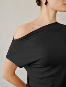 MOTF PREMIUM WOMEN'S CASUAL RUCHED ASYMMETRIC NECKLINE KNIT TOP & PANTS TWO PIECES SET - Black - View 3