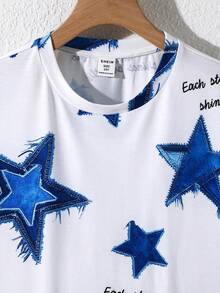 SHEIN 兒童 2件組 青少年男孩休閒街頭風仿丹寧星星圖案套頭T恤與短褲套裝，適合學校、花園、海灘、生日，春夏季 - 白色 - 查看 6