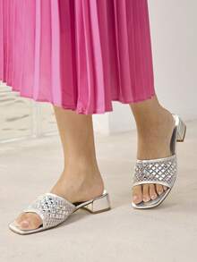 MOTF WOMEN SHOES NEW FRENCH RETRO FASHION SQUARE TOE MESH HOT DRILL HOLLOW THICK HEEL SANDALS, SILVER ELEGANT AND COMFORTABLE VERSATILE SUMMER - Silver rhinestones - View 8