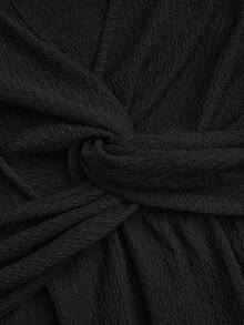 EMERY ROSE Plus Size Women's Spring/Summer Chain Trim Ruffle Knot Waist Knit Solid Color Elegant A-Line V-Neck T-Shirt Top - Black - View 6